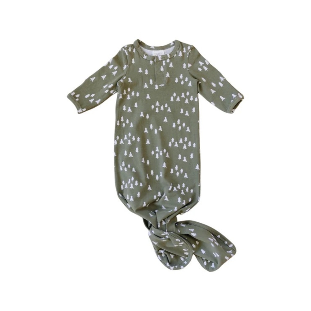 Mebie Baby 0-3 Bamboo Olive Pines Knotted Gown. Brand new, never worn.
